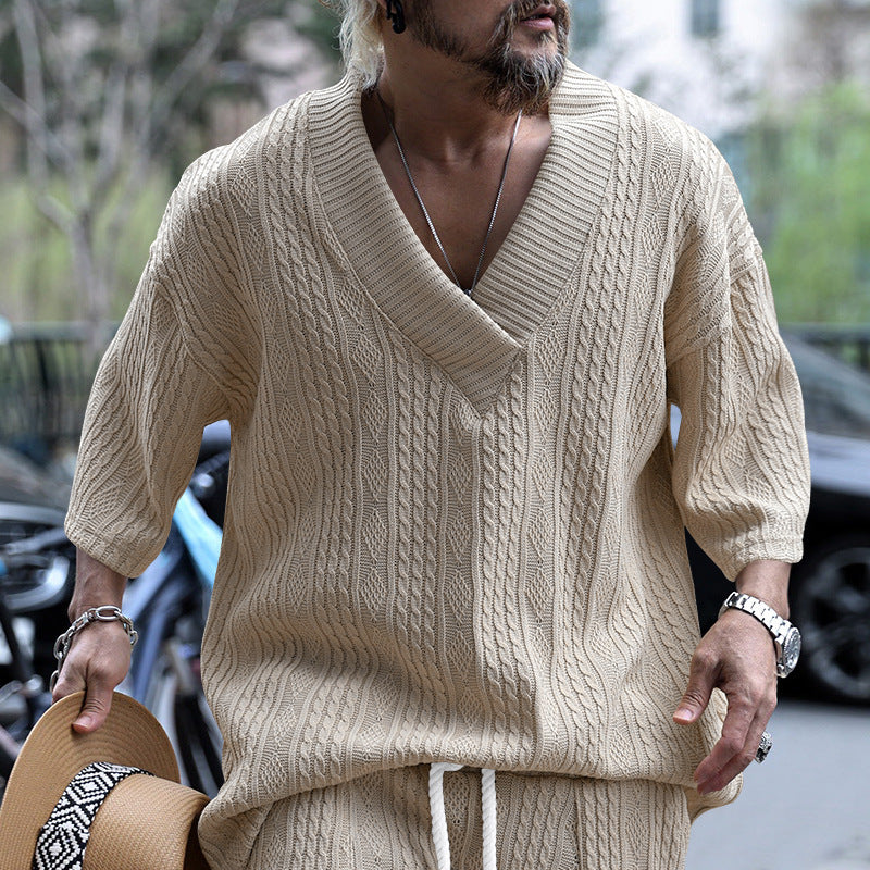 Men's casual knit sweater with V-neck and decorative cable pattern Lisslune