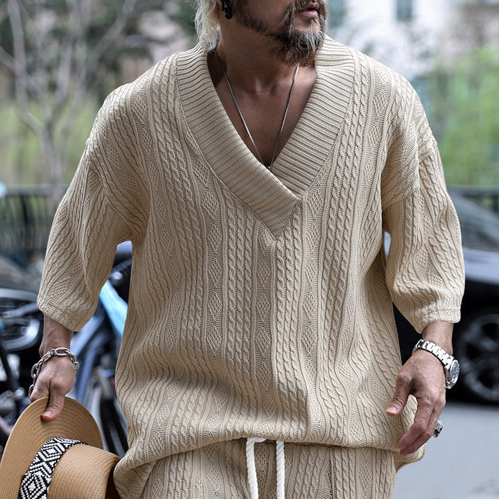 Men's casual knit sweater with V-neck and decorative cable pattern Lisslune