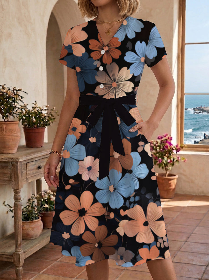 Women's Blooming Midi Dress with Adjustable Belt and Artistic Print Lisslune