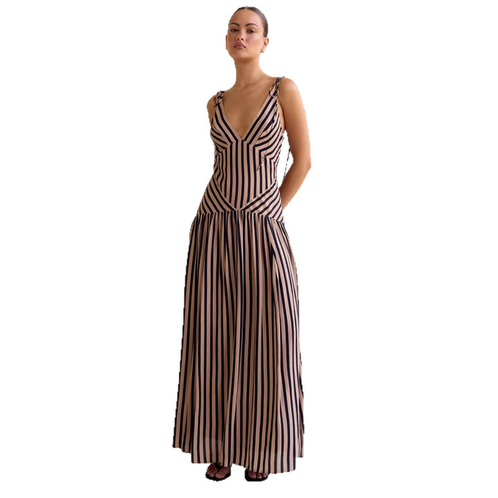 Women's maxi dress with deep V-neckline and elegant striped design