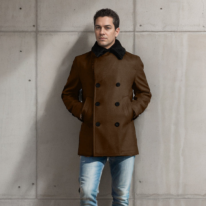 Men's fashionable double-breasted wool coat with teddy fur collar Lisslune