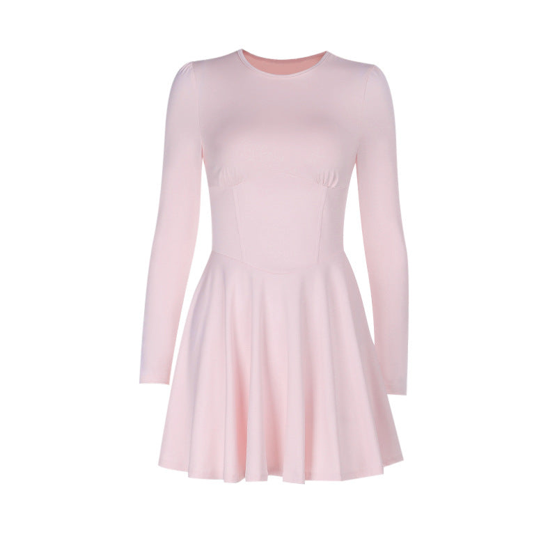 Ladies elegant mini dress in classic A-line cut with long sleeves and chic heart neckline