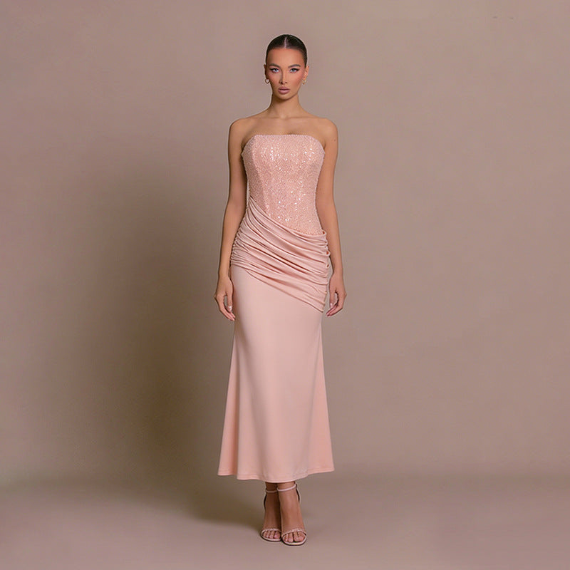 Women Elegant Long Evening Dress with Figure-Flattering Ruffle Design and Shimmering Sequins