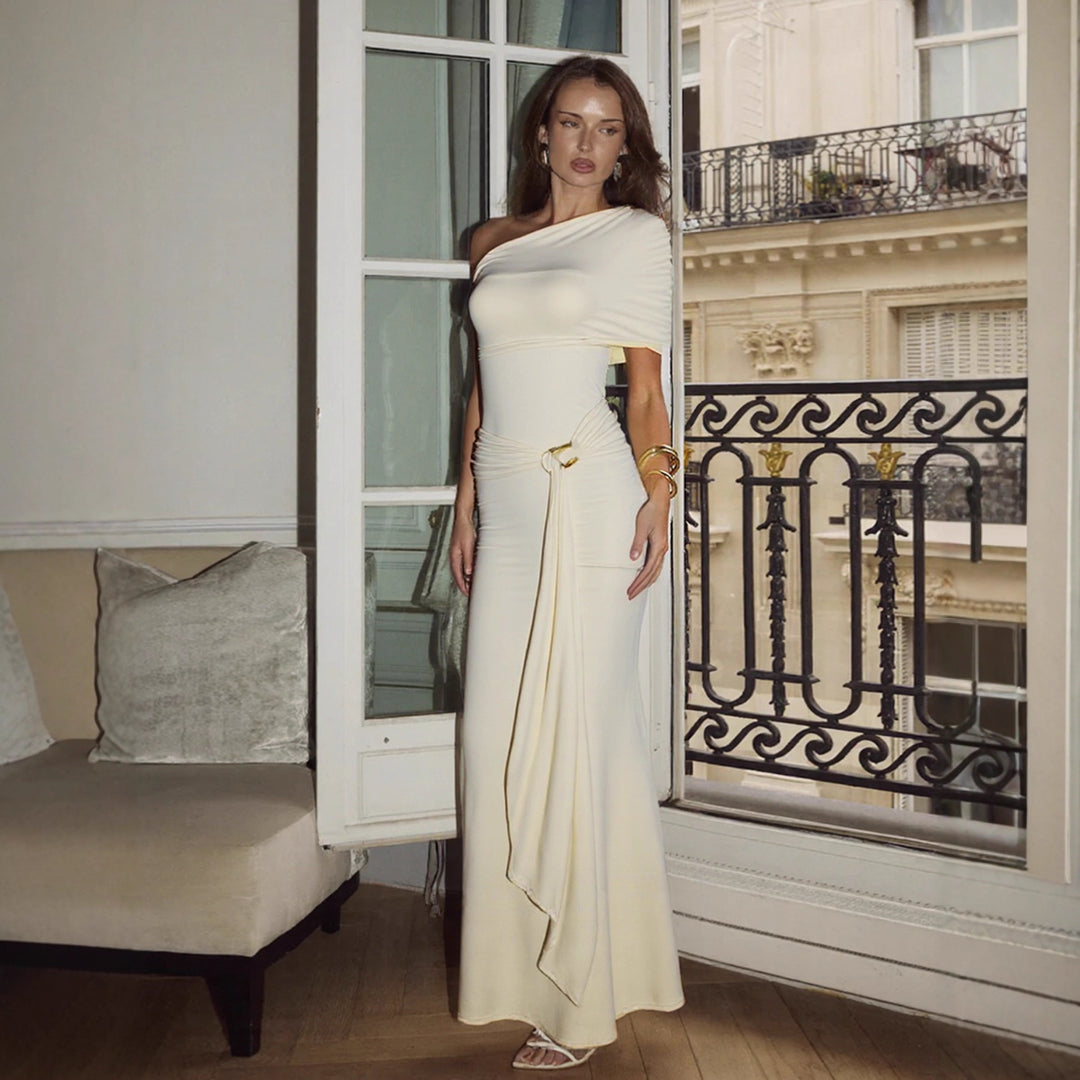 Damen Elegantes One-Shoulder Maxikleid mit figurbetonendem Schnitt und verspieltem Bindeband Lisslune