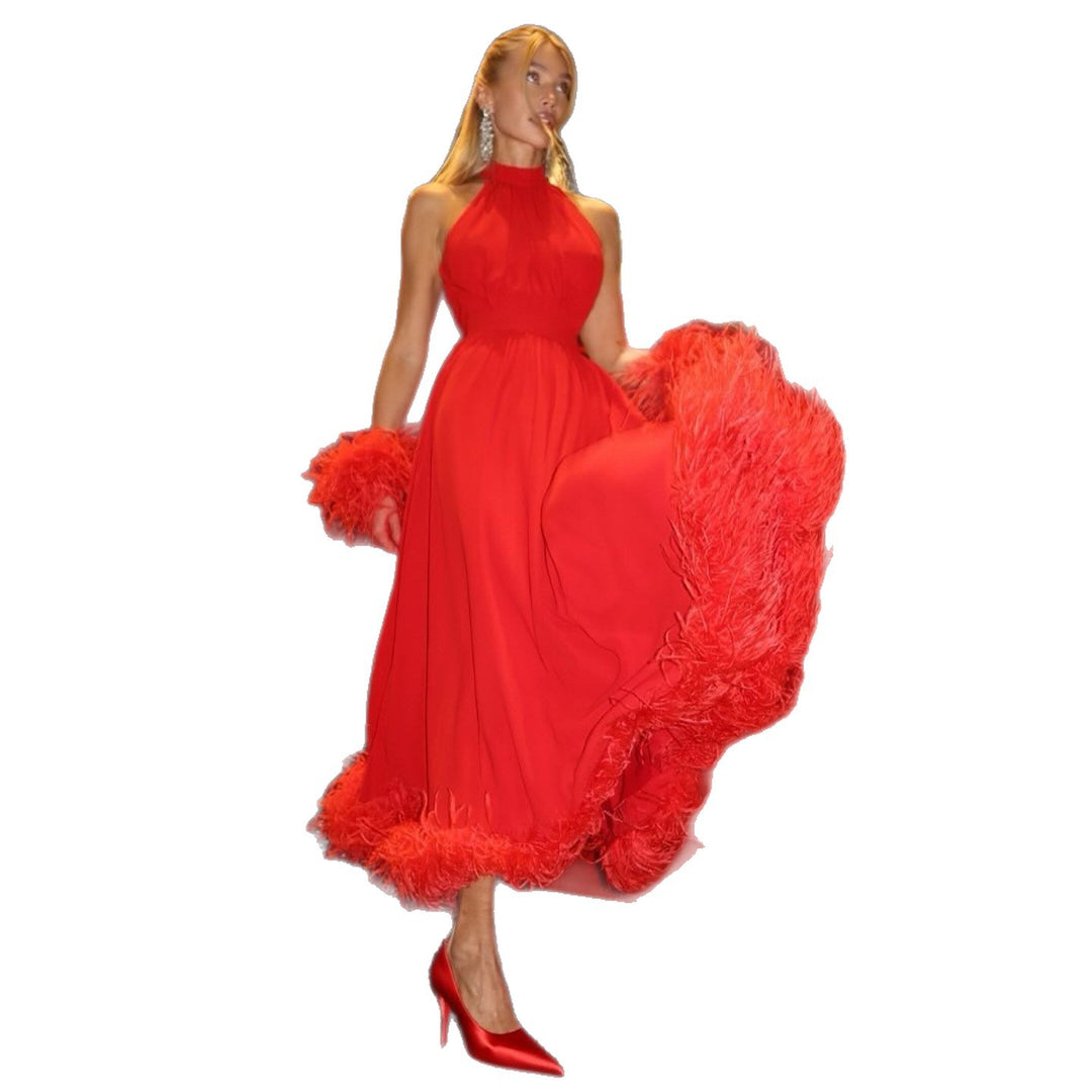 Ladies maxi dress with elegant feathers and high-neck design