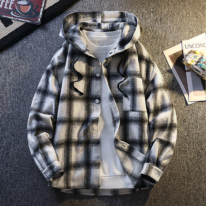 Men's Checked Flannel Jacket with Hood and Button Closure Lisslune
