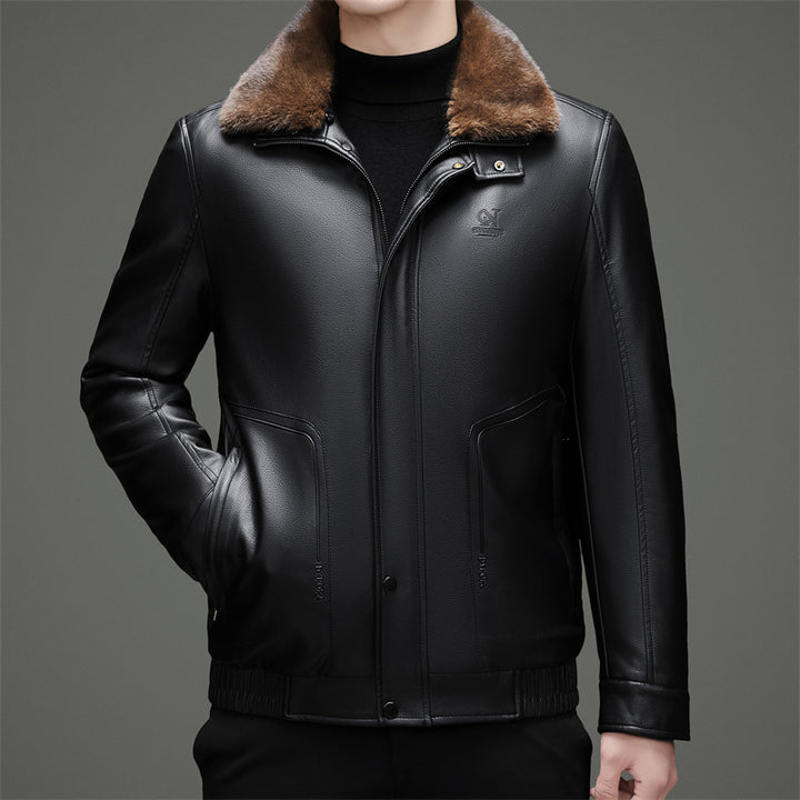 Men's Stylish Synthetic Leather Jacket with Warm Synthetic Fur Collar Lisslune