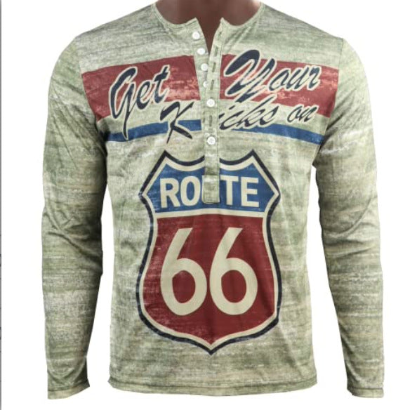 Men's Long Sleeve Henley Shirt with Creative Vintage Route 66 Print and High-Quality CottonBlend Lisslune