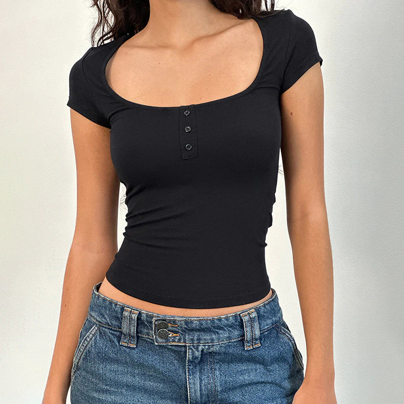 Women's fitted short sleeve shirt with a deep round neckline and fashionable button placket Lune London