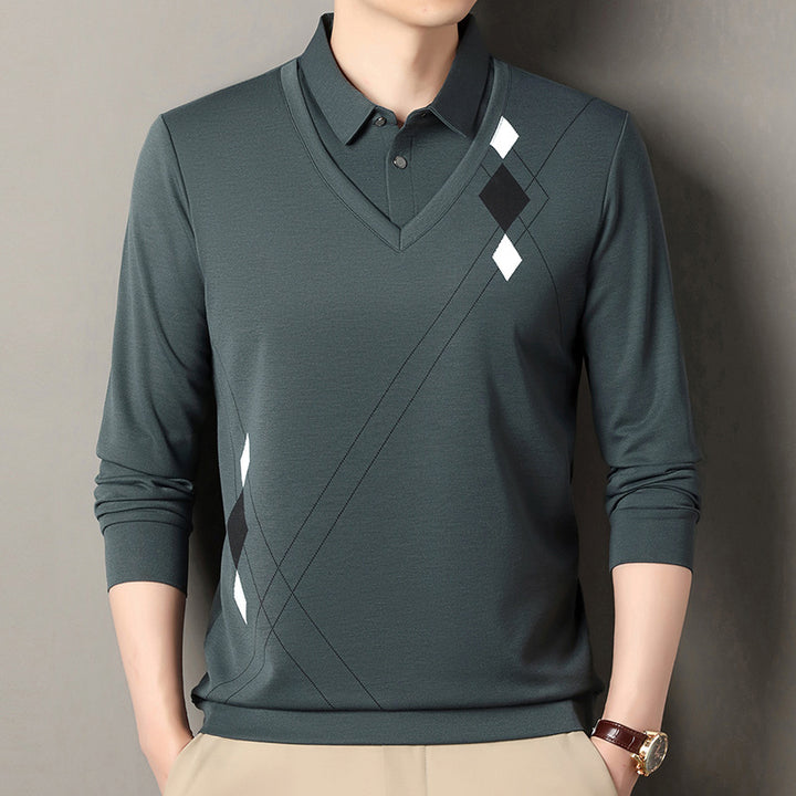 Men's elegant long-sleeved sweater with V-neck and modern pattern Lisslune