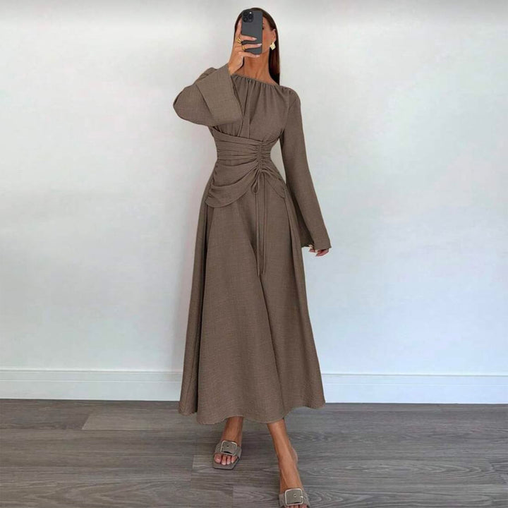 Women's Elegant Maxi Dress with Side Ruffle and Sophisticated Draping