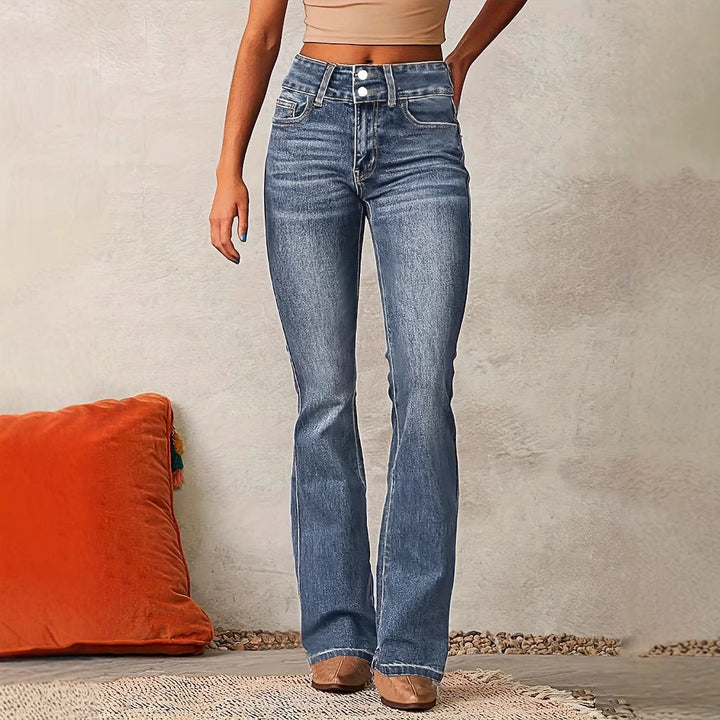 Women's High Waist Flared Jeans with Decorative Button Details and Figure-Flattering Cut