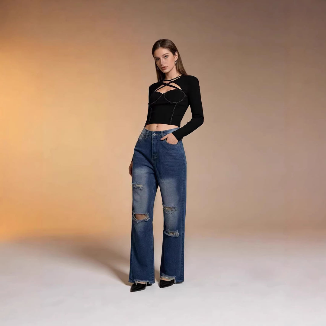 Damen weite Jeans mit stylischem Destroyed-Detail und bequemer Passform Lisslune