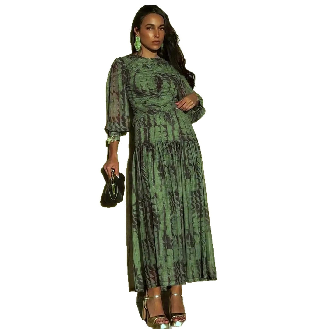 Ladies midi dress with sophisticated pleats and V-neck