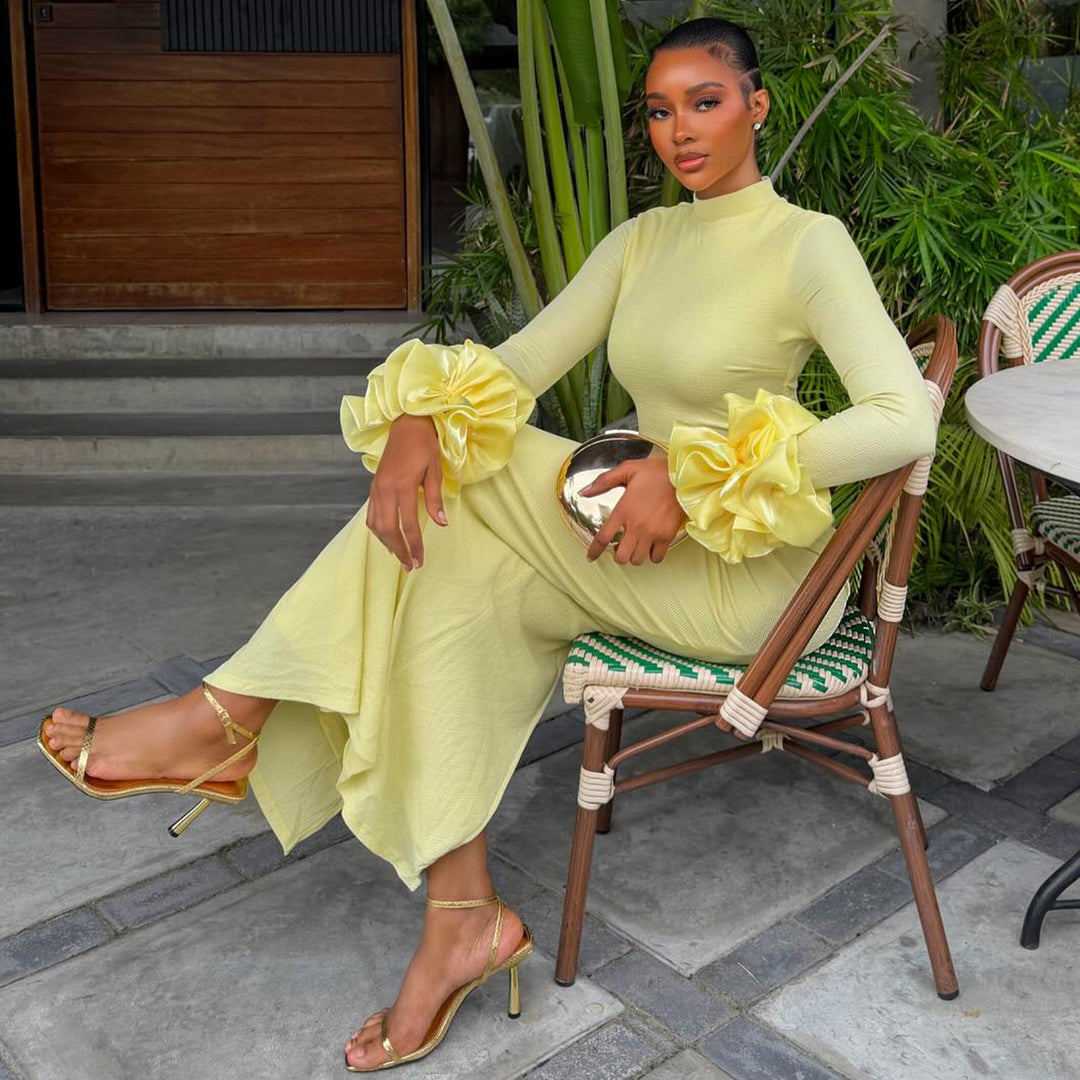 Ladies Elegant Long Sleeve Dress with Voluminous Ruffle Details