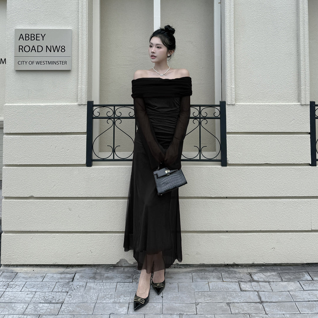 Women's Off-Shoulder Evening Dress with Ruched Design and Long Sleeves Lune London
