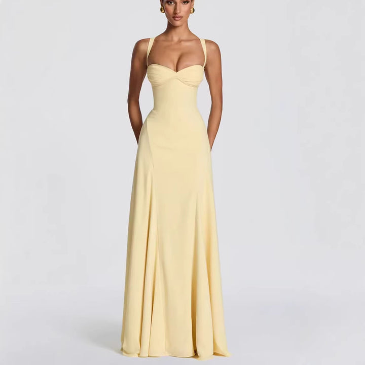 Ladies Elegant Maxi Dress with Heart-Shaped Neckline and Flowing Fabric