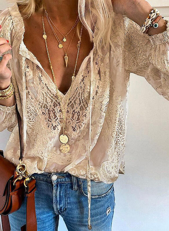 Women's elegant blouse with fine lace and deep V-neck Lisslune