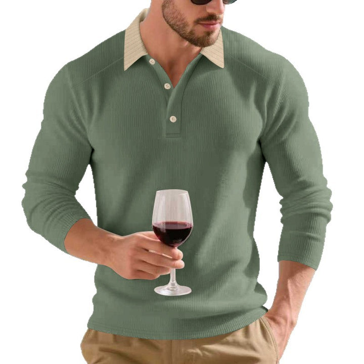 Men's Long Sleeve Polo Shirt with Textured Design and Elegant Button Placket Lisslune
