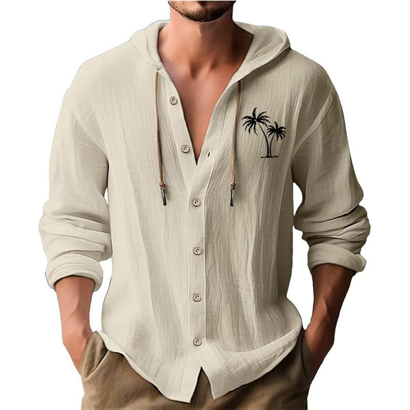 Men's casual hoodie shirt with decorative palm print and button placket Lisslune