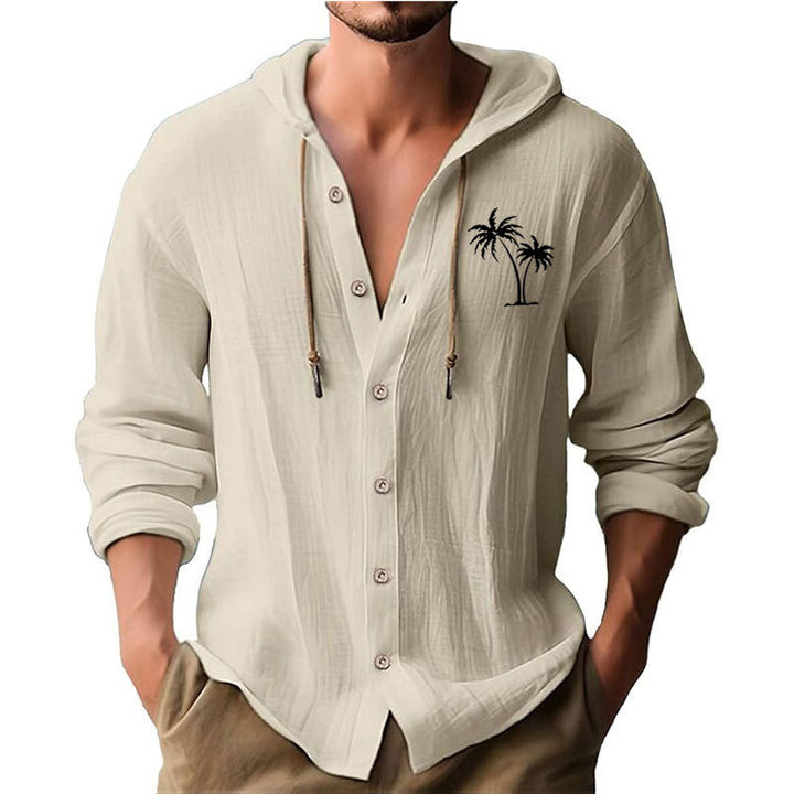 Men's casual hoodie shirt with decorative palm print and button placket Lisslune