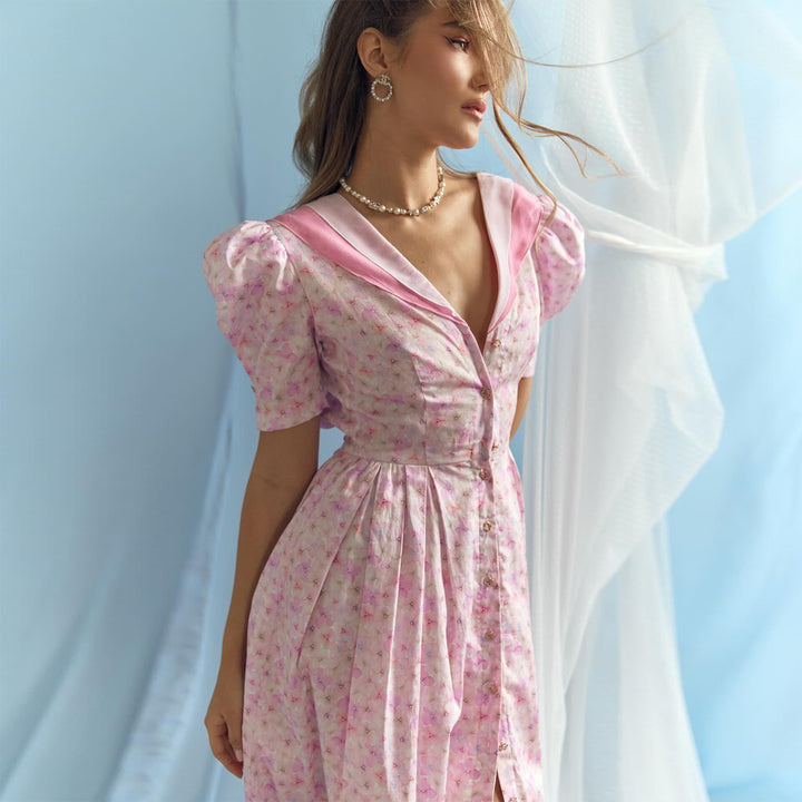 Ladies flower pattern dress with puff sleeves and deep V-neck Lisslune