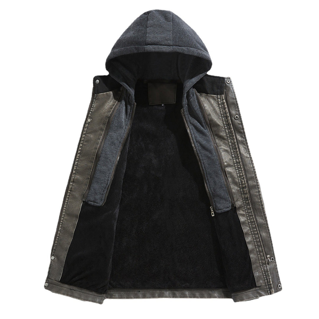 Men's Synthetic Leather Jacket with Hidden Hood Lisslune
