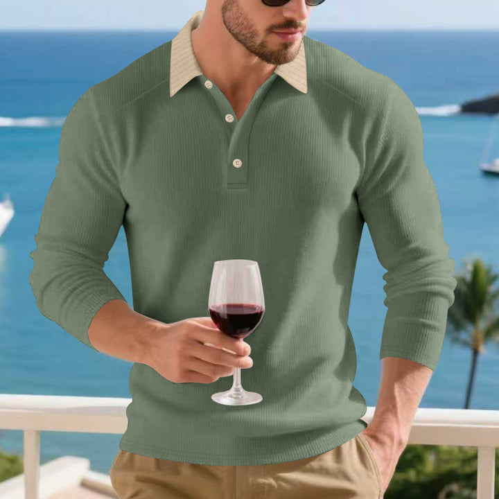 Men's Long Sleeve Polo Shirt with Textured Design and Elegant Button Placket Lisslune