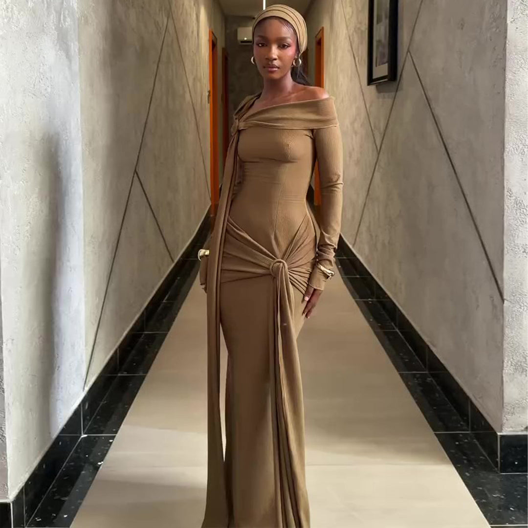 Women's Long-Sleeved Evening Dress with Asymmetrical Cut and Sophisticated Draping Lisslune