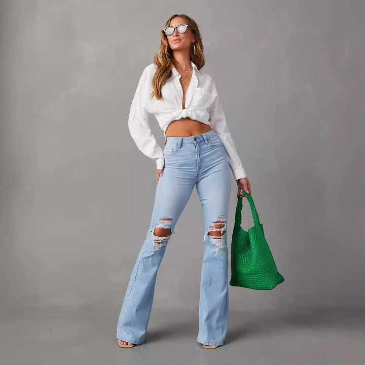 Women Flared Jeans with trendy Destroyed details and high waistband Lisslune
