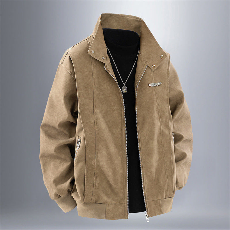 Men's Casual Velour Jacket with High Collar and Zippered Pockets Lisslune