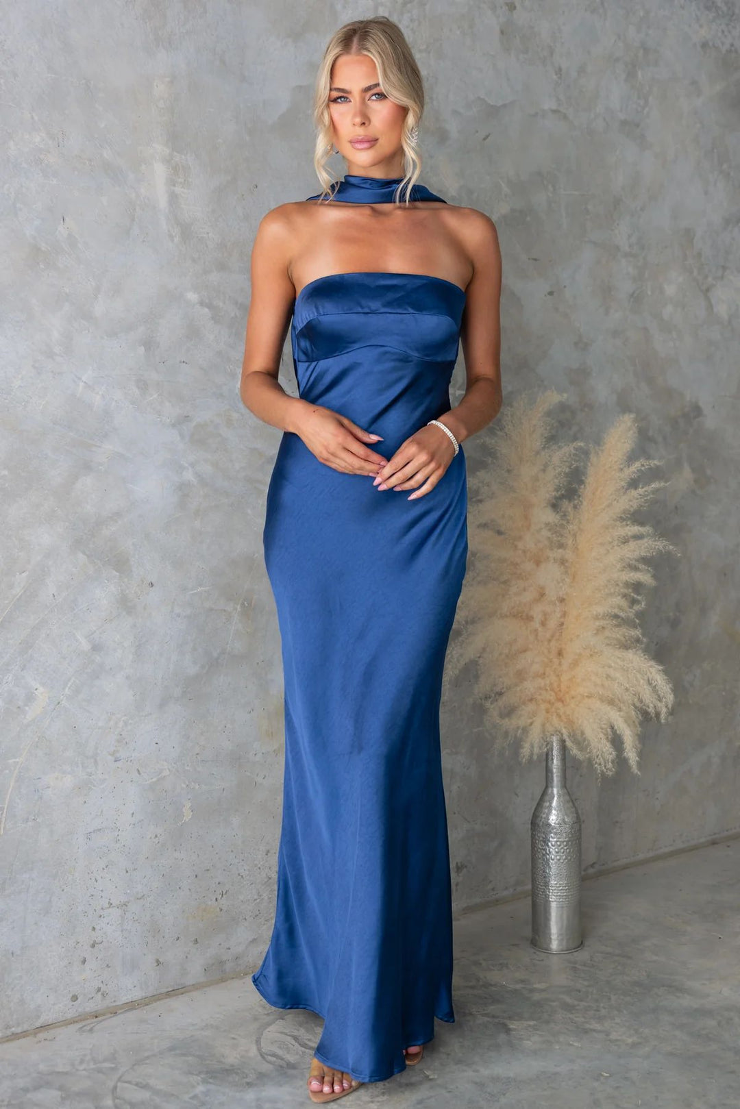 Ladies Elegant Evening Dress with Off-Shoulder Design and Shimmering Satin