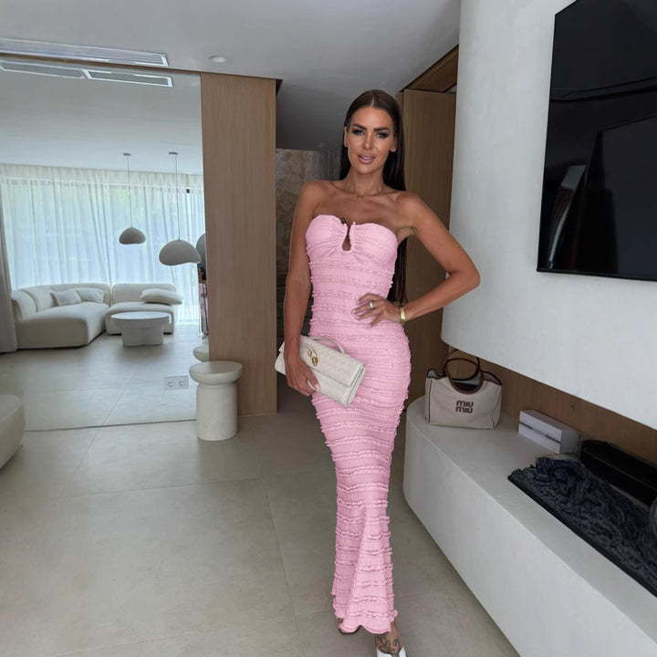 Women's Elegant Maxi Dress with Tailored Cut and Gatherings