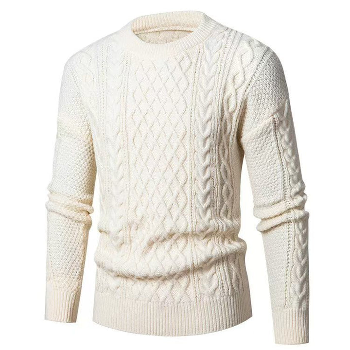 Men's Chunky Knit Sweater with Cable Pattern and Classic Round Neckline Lisslune