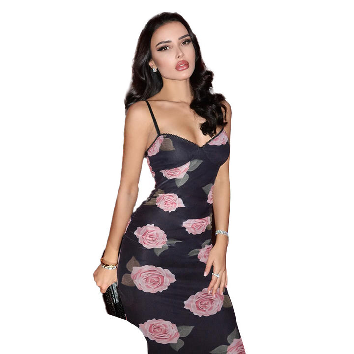Women's midi dress with floral pattern and elegant lace trim
