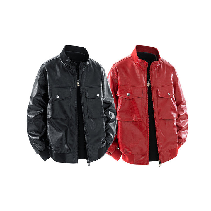 Men's Synthetic Leather Bomber Jacket with Textured Design and Practical Pockets Lisslune