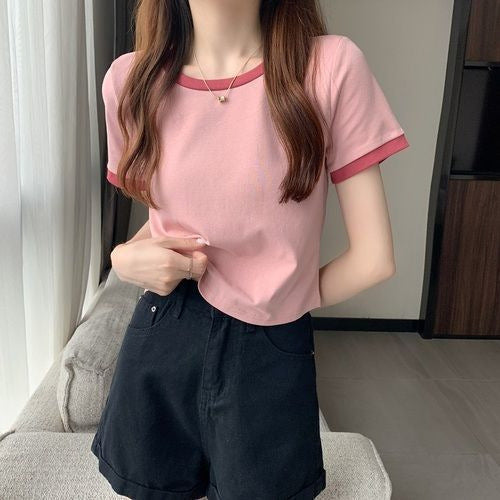 Women Short Sleeve T-Shirt with Contrasting Finishes and Lightweight Cotton Fabric