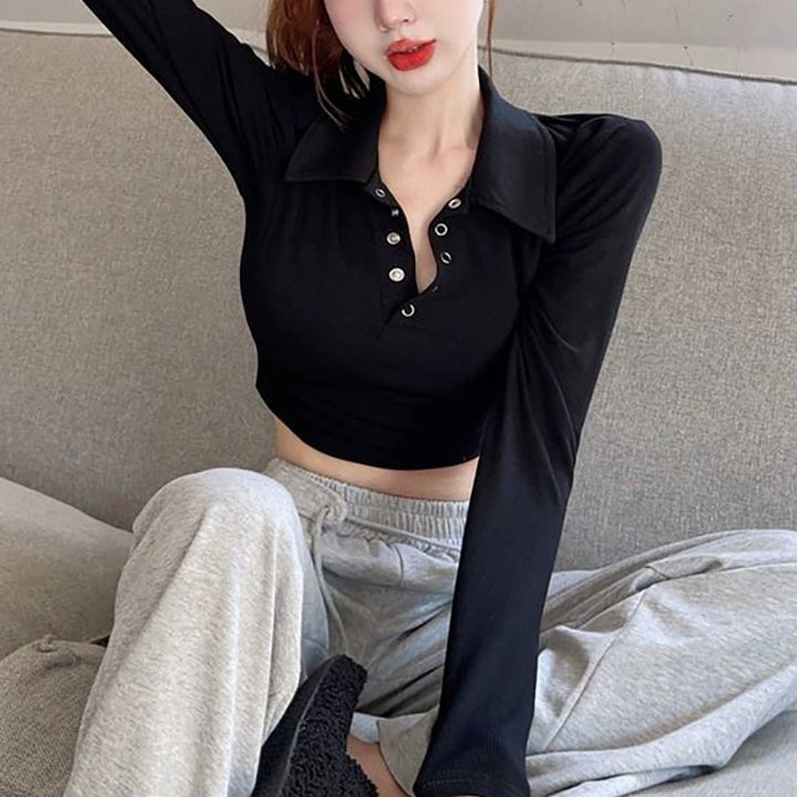 Women's Long Sleeve Crop Top with Classic Collar and Snap Buttons