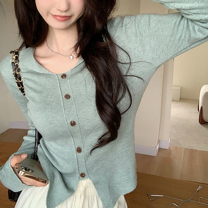 Women's Long Sleeve Cardigan with Button Placket and Fine Knit