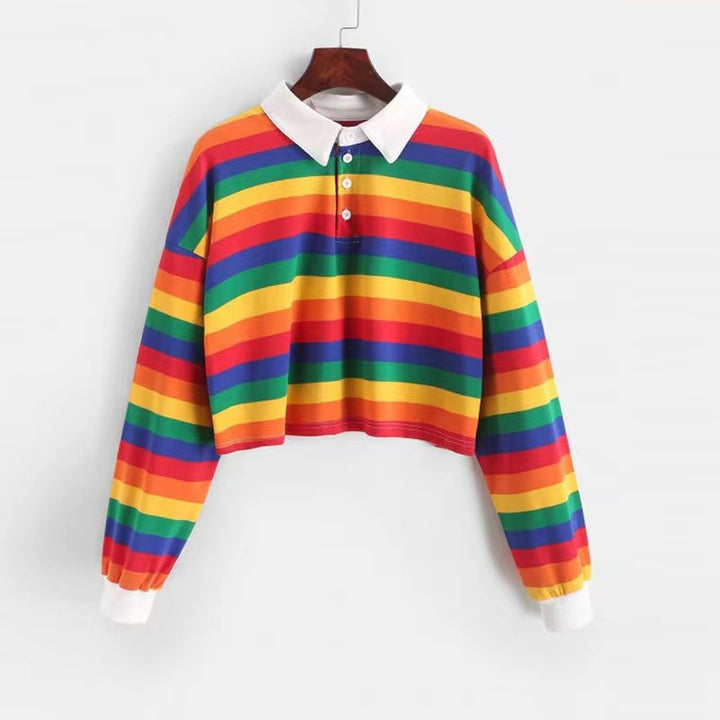 Women Cropped Polo Shirt with Colorful Stripes and Loose Fit Lisslune