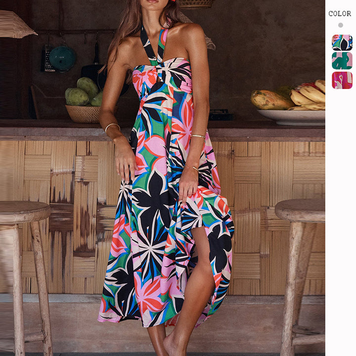 Women's maxi dress with floral bandeau design and elegant flared skirt