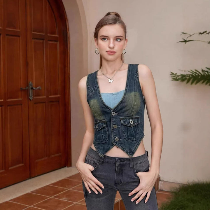Women's sleeveless denim vest with patch pockets and deep V-neck Lisslune