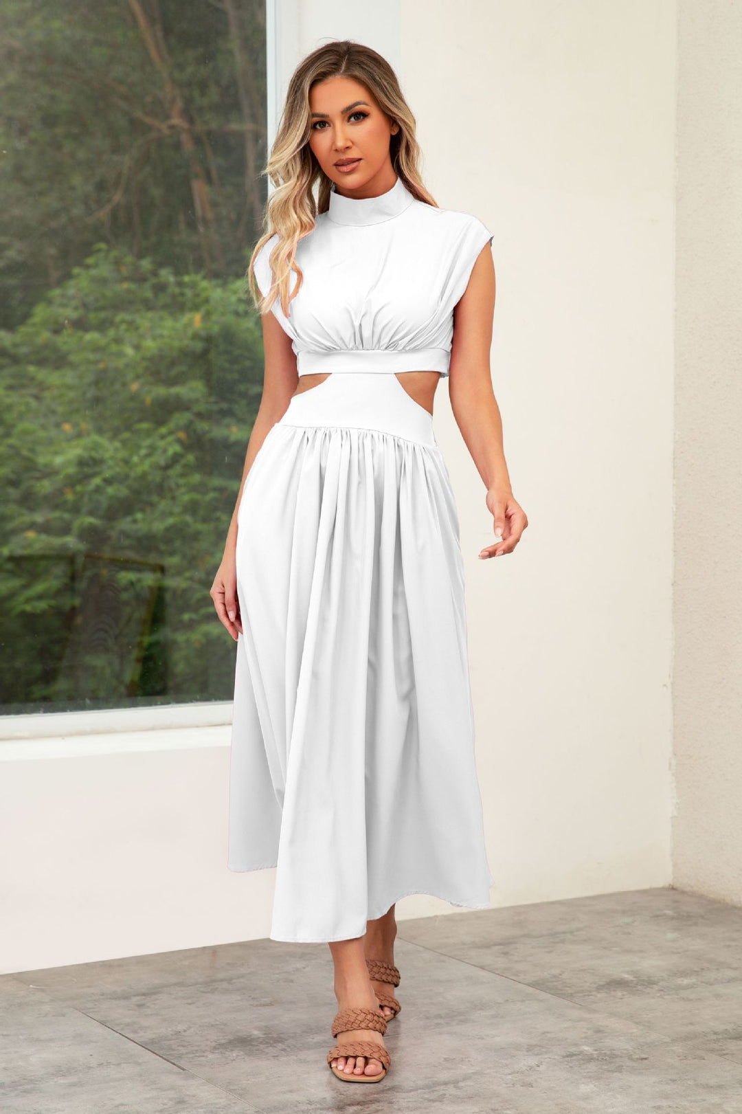 Women's maxi dress with cut-outs and modern stand-up collar Lune London