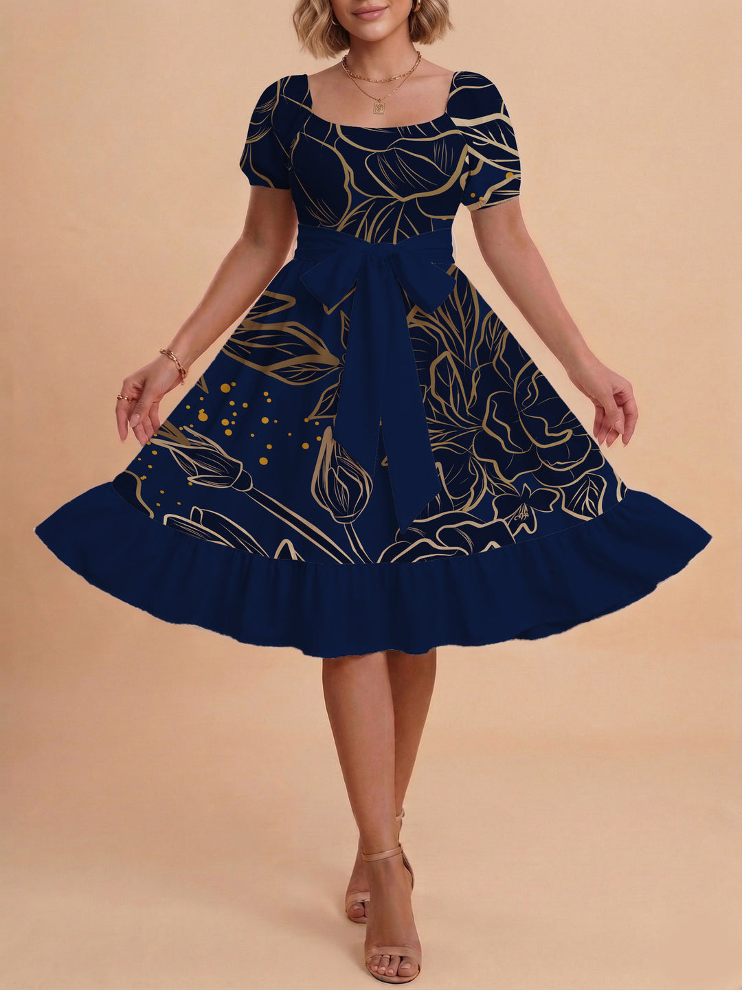 Women A-line dress with floral motifs and adjustable belt Lisslune