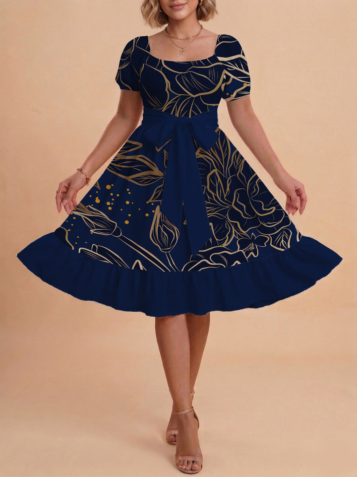 Women A-line dress with floral motifs and adjustable belt Lisslune