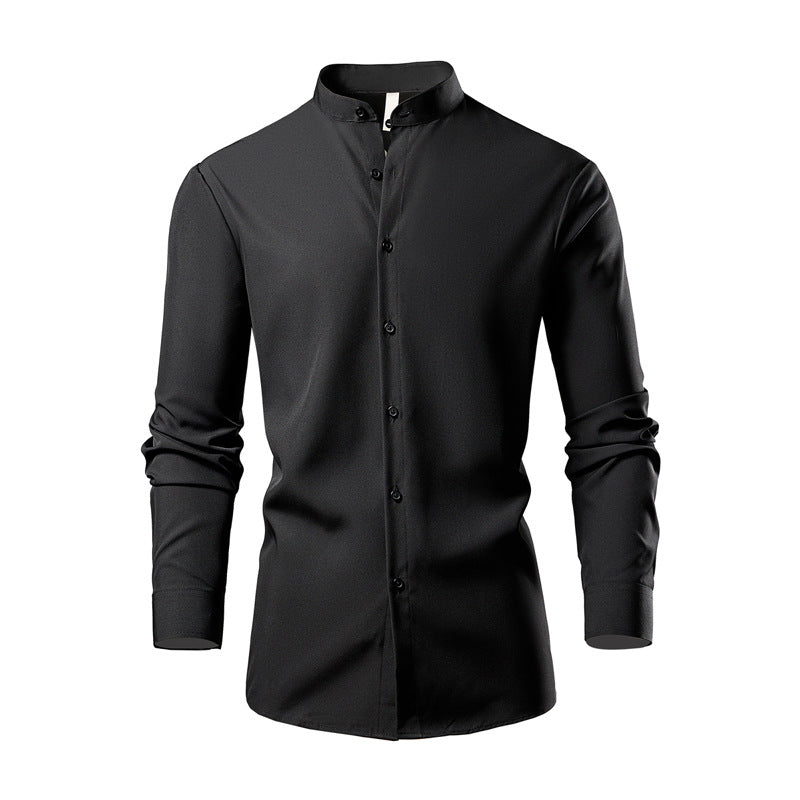 Men's Long Sleeve Kimono Shirt with Modern Stand-Up Collar and Elegant Button Details Lisslune