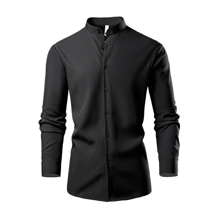 Men's Long Sleeve Kimono Shirt with Modern Stand-Up Collar and Elegant Button Details Lisslune