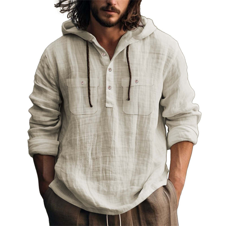 Men's hooded shirt with practical pockets and stylish button placket design Lisslune