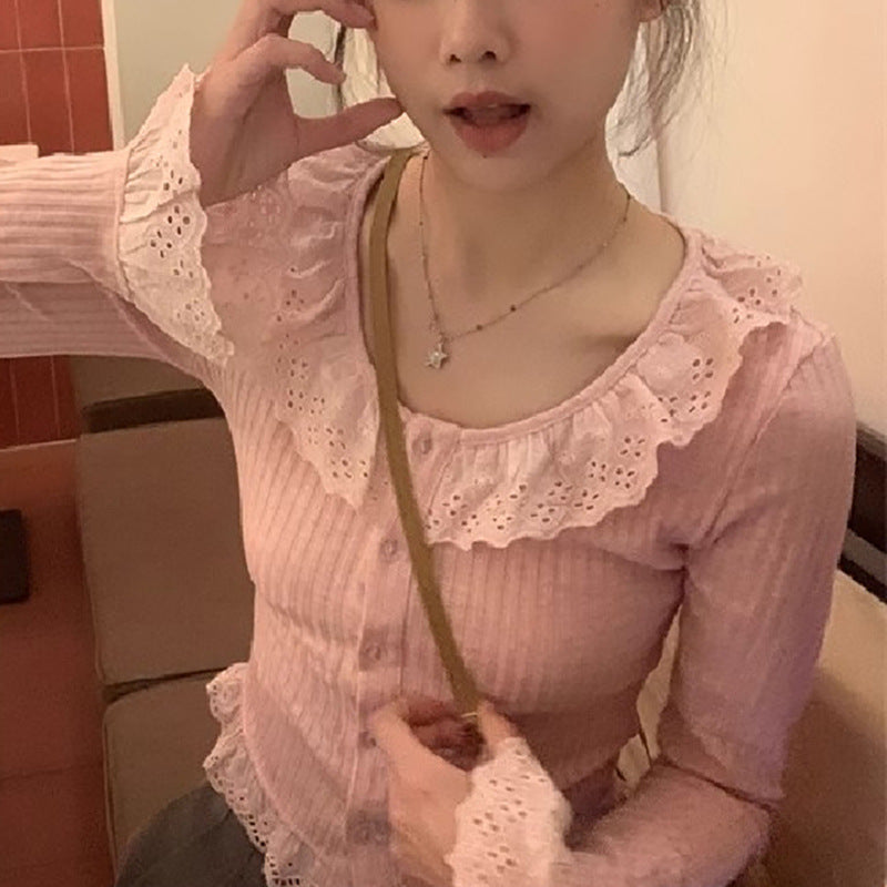 Women's long sleeve blouse with lace collar and decorative ruffle hem Lisslune