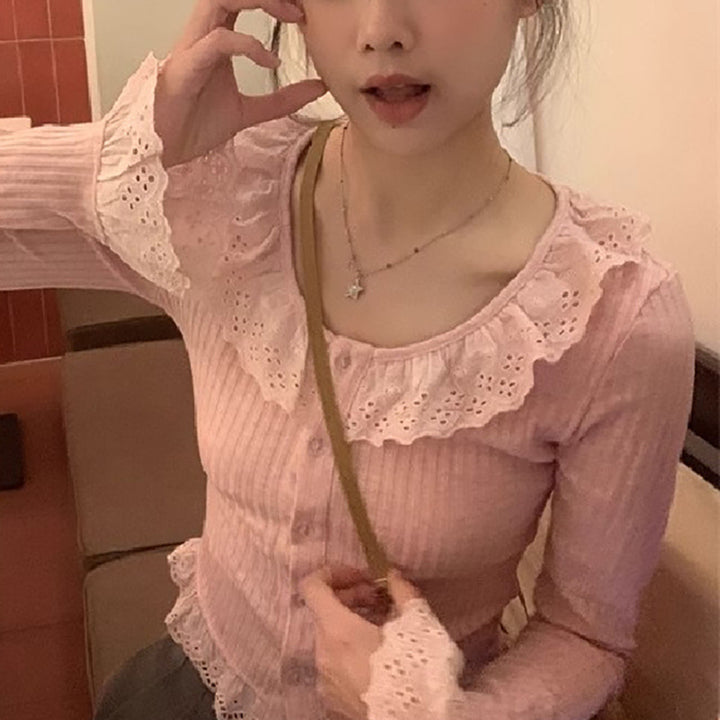 Women's long sleeve blouse with lace collar and decorative ruffle hem Lisslune